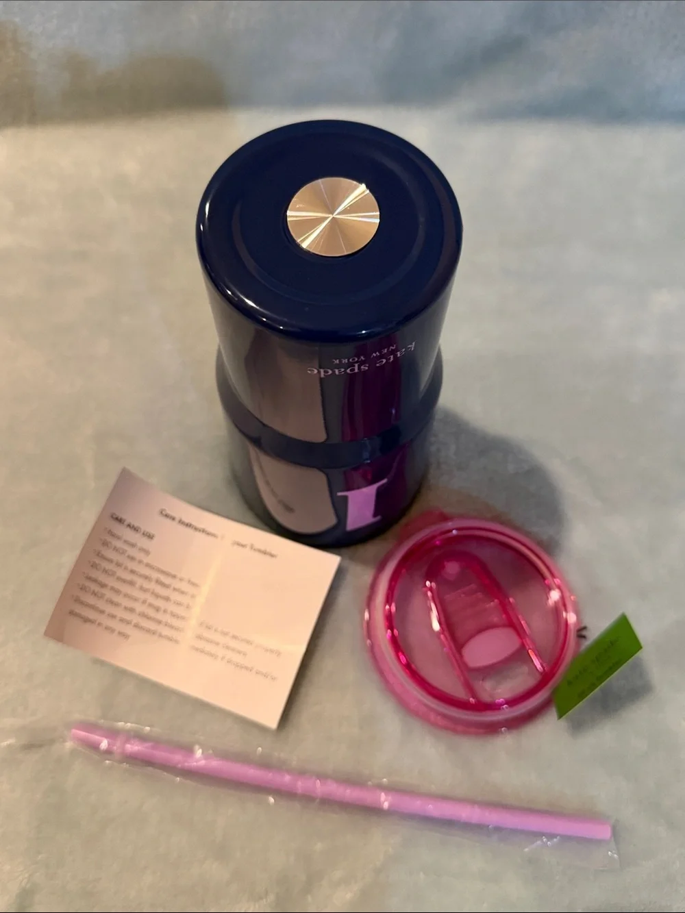 kate spade Navy and Pink ‘l’ Tumbler, Tray & Notebook Trio